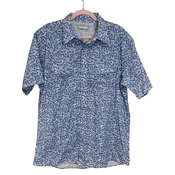 Wrangler Wrancher Mens Pearl Snap Western Shirt Blue Paisley Short Sleeve XLT - Picture 1 of 8